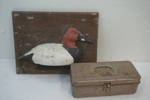 lot 198 image: duck on board ,empty tin tool box