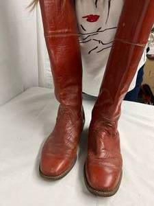 lot 170 image: Vintage Frye Red Brown Leather Riding Tall Boots Size 10 With Stacked Heel
