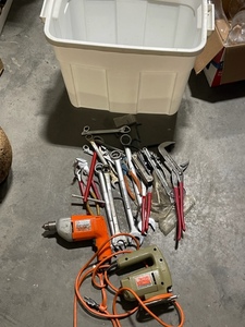 Tote of Wrenches, Drill, and Jig Saw
