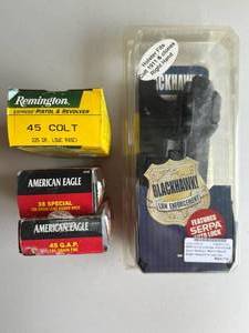 Colt 45, 45 G.A.P., 38 Special Ammo Lot and Blackhawk Holster