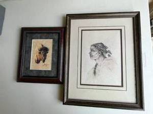 Vintage Framed Art Prints - Native American and American Bison