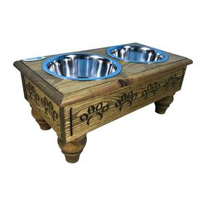 Brand New Iconic Pet Raised Wooden Pet Double Diner with Stainless Steel Bowls - Large