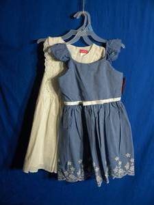 Brand New   Zunie Girl Girls Blue Floral Chambray Embroidered Eyelet Detail  White Ruffled Sleeve Sundress (Lot of 2) Small