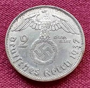 1937 German Third Reich Silver 2 Mark Coin