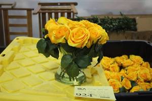 lot 924 image: Lot of (6) Yellow Fabric Rose Floral Arrangement with Vase