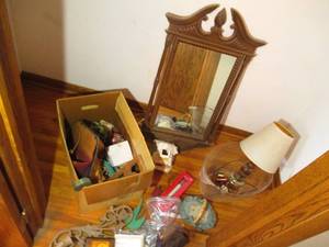 Vintage Wood framed mirror, baskets...