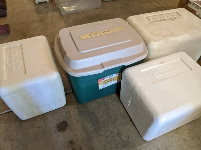 3 Styrofoam coolers and a 23 gallon...