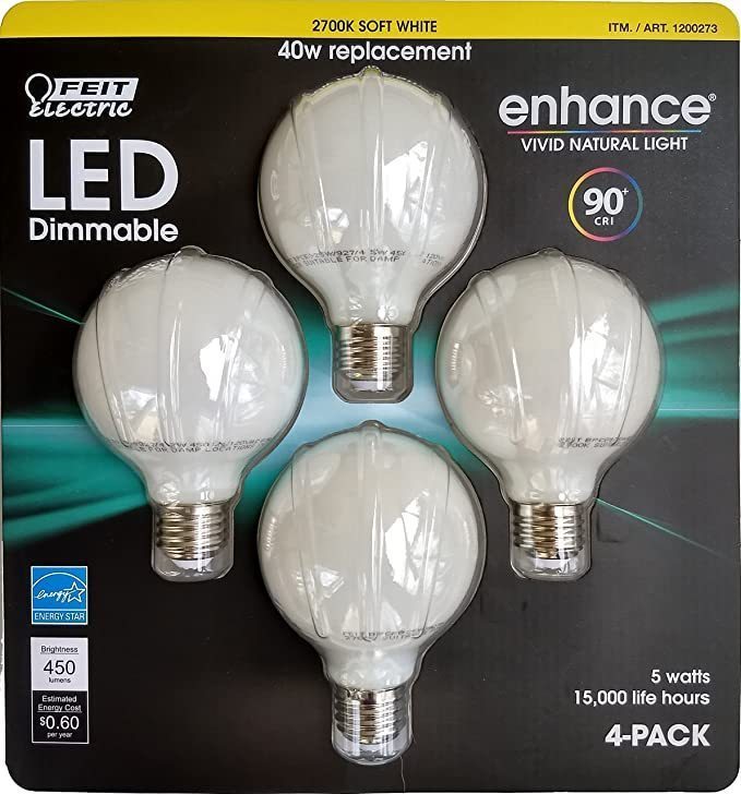 Feit Enhance 90 CRI 40W Replacement Dimmable 2700K Soft White G25 Globe LED Light Bulbs, (2) 4-Packs, 8 bulbs total