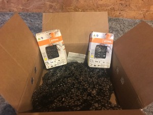 lot 108 image: Box full of chainsaw chains
