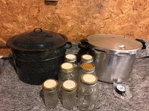 lot 103 image: 2 pots and 6 canning jars