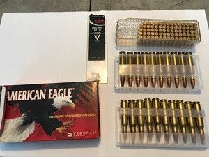 lot 147 image: Box of 308 win. 150 grain full metal jacket boat-tail shells & 74 rounds of 22 shells