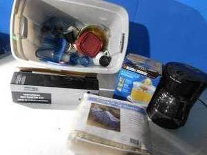 lot 18 image: Tote of dishes, Juicer, blanket, rotisserie, coffee pot and more