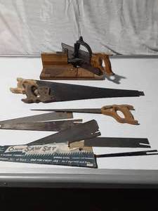 lot 95 image: Vintage miter saw, saws and blades