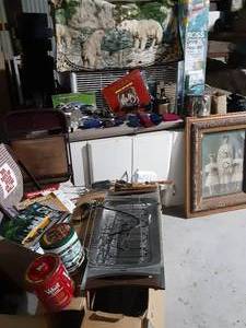 lot 204 image: Table top grill,metsl cabinet,records, calanders, vintage irons and handwarmers and more