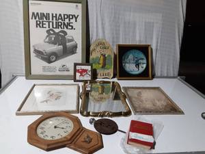 lot 270 image: 1966 hard cover book, antiqu stove part, pictures, clock,mirror