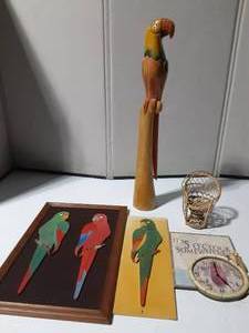 lot 164 image: Wooden parrot statue and pictures and wicker sm chair