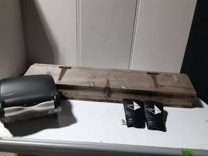 lot 163 image: wood box, towel dispencer and boxing gloves
