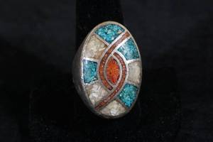 lot 69 image: Antique Mens Handmade Ring with Turquoise and Coral Inlays