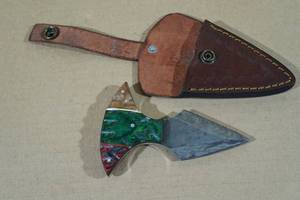 lot 103 image: Handmade Damascus Style Knife with Exotic Wood Handle