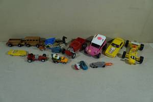 lot 125 image: Assorted Toys - Cars, Wood Train, Horse and Trailer
