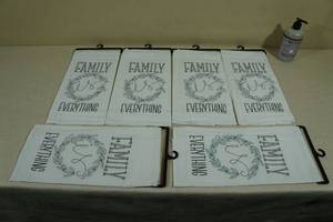 lot 202 image: Family is Everything Flour Sack Towels and Mrs Meyers Hand Soap