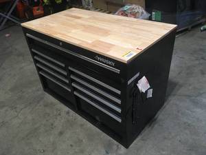 Husky 46 in. W x 24.5 in. D Standard Duty 9-Drawer Mobile Workbench Tool Chest with Solid Wood Top in Gloss Black, Customer return, Review all pictures