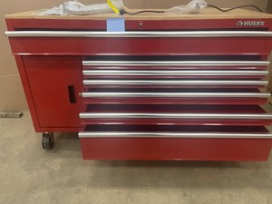 lot 1 image: Husky 61 in. W x 22.1 in D Standard Duty 7-Drawer 1-Door Mobile Workbench Tool Chest with Solid Wood Top in Gloss Red open box slight scratches review pictures