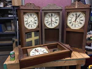 4 Vintage Wooden Wall Clocks - Parts