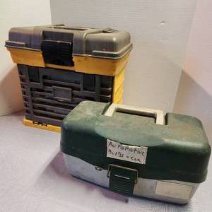 Two Storage Boxes With Automotive Bulbs and Other Garage Items