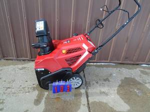 Troy Bilt 179cc 21 snow thrower with electric start. Looks like very little use. Tested & works. As shown.