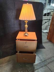Wooden File Cabinet and Lamp