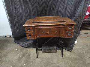 Vintage White Sewing Machine and Cabinet