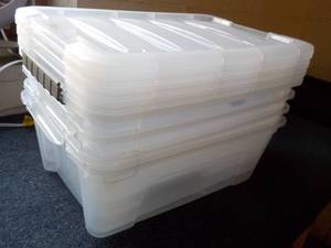 4 Plastic Totes with lids- some dam...