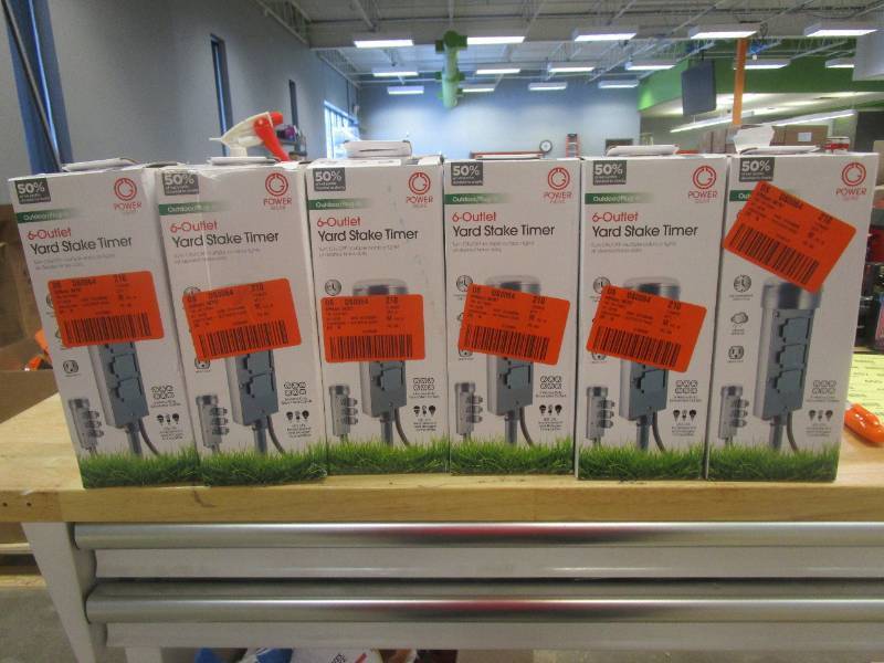 lot 469 image: LOT OF 6 Power Gear Outdoor Yard Stake Mechanical Timer with 6-Grounded Outlets in Green