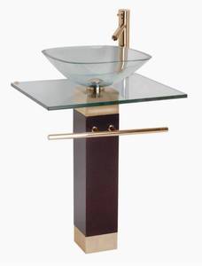 lot 61 image: Renovators Supply Manufacturing Bohemia Modern Glass Pedestal Sink Combo Crystal Clear Tempered Glass Countertop Bathroom Vanity Vessel Sink, Gold Plated Faucet, Drain, Towel Bar and Wood Pedestal