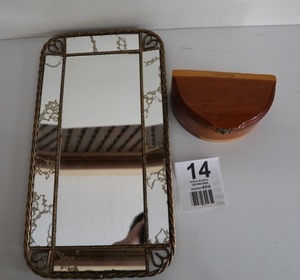 VINTAGE Hollywood Glitzy Gold Vanity MirrorTray (15 x 8) And Antique cedar wood half round box