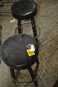 Two Leather, Wood and Metal Cushioned Stools