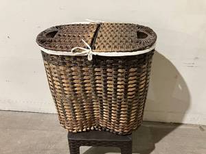 lot 40 image: Seville Mocha Hand-Woven Oval Double Laundry Hamper with Removable Liner