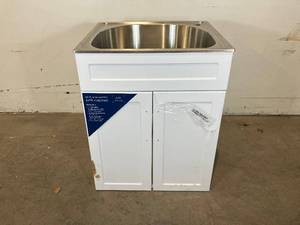 lot 104 image: All-in-One Stainless Steel 24 in Laundry Sink with Faucet and Storage Cabinet in White
