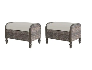 lot 89 image: Hampton Bay Windsor Brown Wicker Outdoor Patio Ottoman with CushionGuard Biscuit Tan Cushions (2-Pack)