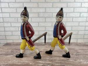 lot 152 image: RARE Set of Cast Iron Hessian Soldier Fireplace Andirons - Approx. 19.25 Tall Each