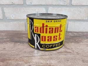 lot 213 image: Vintage Radiant Roast 1# Coffee Can - STILL FULL Includes original key to open can - Approx. 5 x 3.5 - Packed for Fairway Foods, St. Paul MN