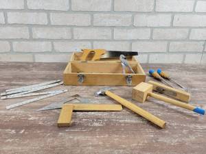 lot 215 image: Vintage Handy Andy Childs Tool Set in Wood Toolbox - Box is Approx. 12 x 5 x 4
