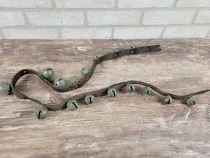 lot 218 image: Antique Brass Sleighbells on Leather Strap - Approx. 46 Long Overall, Largest Bells are Approx. 1.5 Diameter