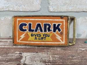 lot 230 image: Vintage CLARK Candy Bar Belt Buckle - Metal and Embroidered - Approx. 4.75 x 2.125
