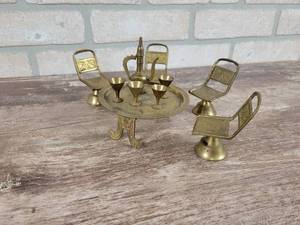 Vintage Miniature Brass Table, chairs and Coffee Service - Table is Approx. 4 Diameter