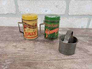 Miniature Gold Medal Flour Biscuit Cutter, Approx. 1.5 Diameter and Vintage Tin Salt & Pepper Shakers