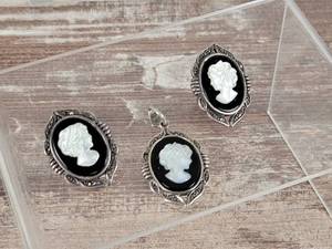 Cameo Pendant and Earrings with Sterling Silver, Onyx, Mother of Pearl, and Marcasite Accents