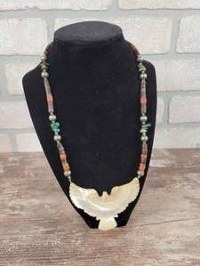 Southwest-Style Vintage Necklace - Beads made of Malachite, Red Jasper, Turquoise and Red Coral. Bird made of Shell with Mother of Pearl.
