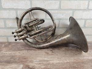 Vintage Buescher French Horn, Made in Elkhart Indiana - Looks to be Silver Plated - Approx. 16 x 16